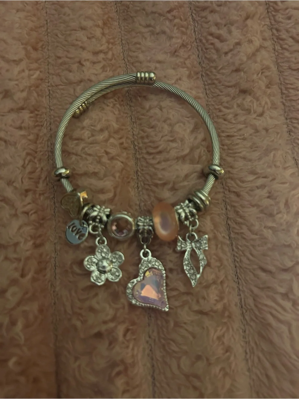Silver-Tone Charm Bracelet with Pink Heart and Floral Accents